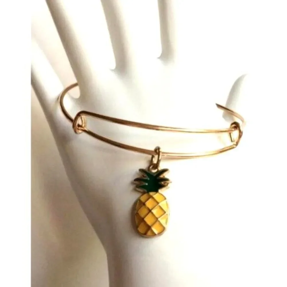 Gold Tone Pineapple Charm Bracelet Adjustable Island Beach Hawaiian Enamel Fruit